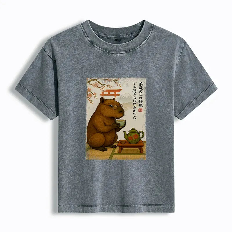 Kyoto-Lion Tea Time With a Capybara Women's Washed T-shirt