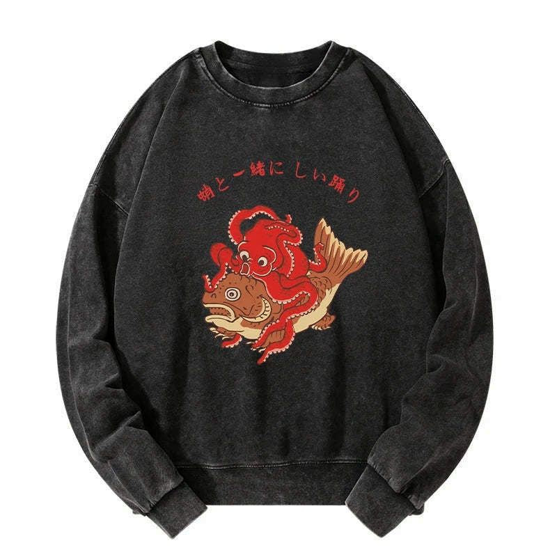 Kyoto-Lion Octopus And Koi Dance Together Washed Sweatshirt