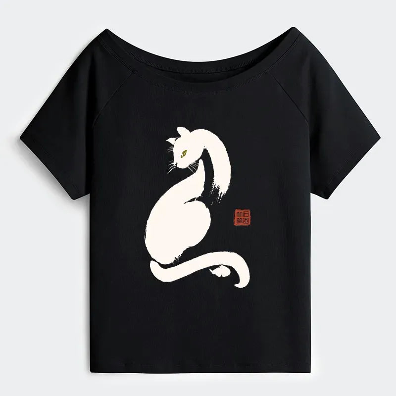 Kyoto-Lion Elegant Black Cat Japan Off Shoulder T-Shirt