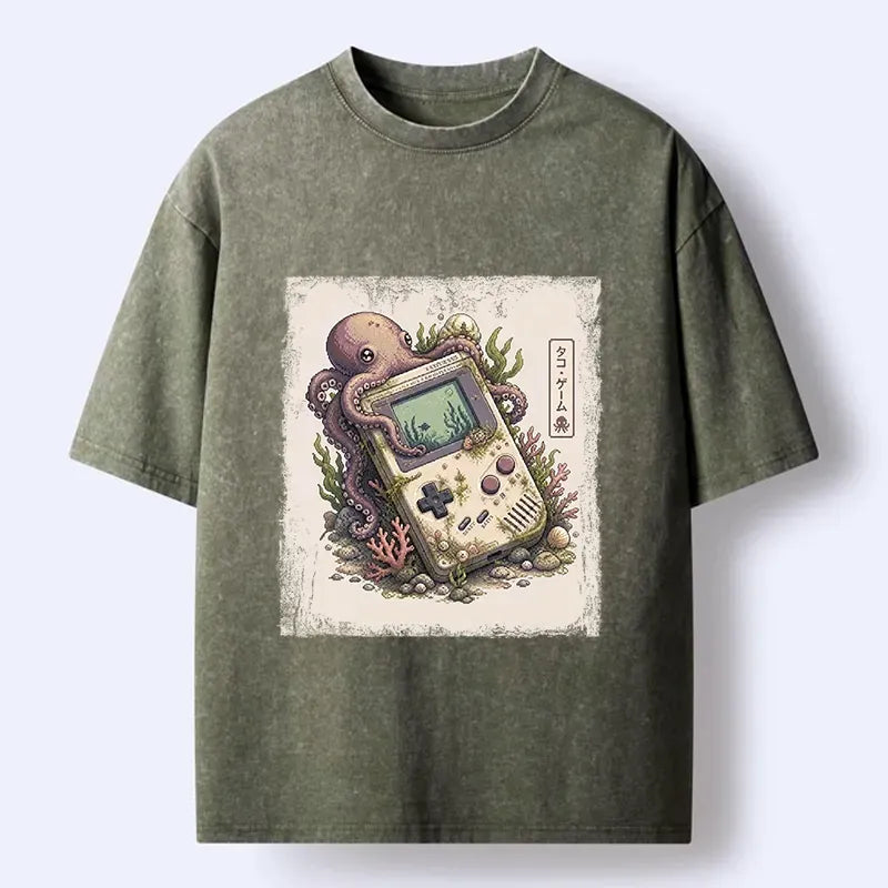 Kyoto-Lion Ocean Octopus Old Handheld Game Print Washed T-Shirt