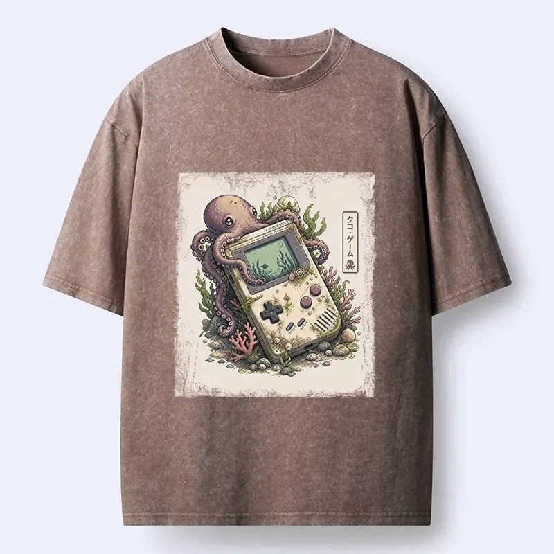 Kyoto-Lion Ocean Octopus Old Handheld Game Print Washed T-Shirt