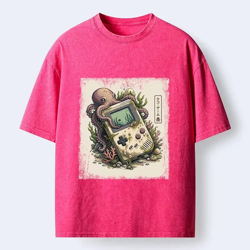 Kyoto-Lion Ocean Octopus Old Handheld Game Print Washed T-Shirt