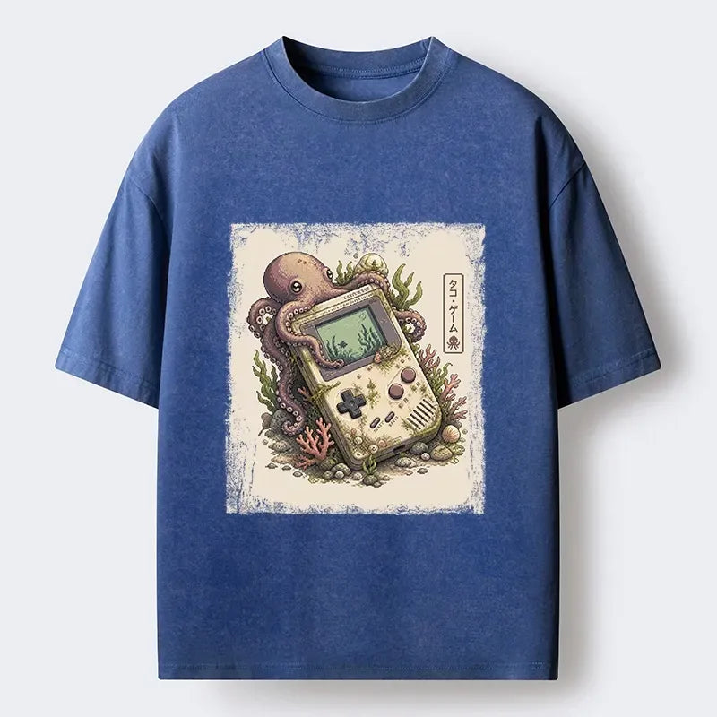 Kyoto-Lion Ocean Octopus Old Handheld Game Print Washed T-Shirt
