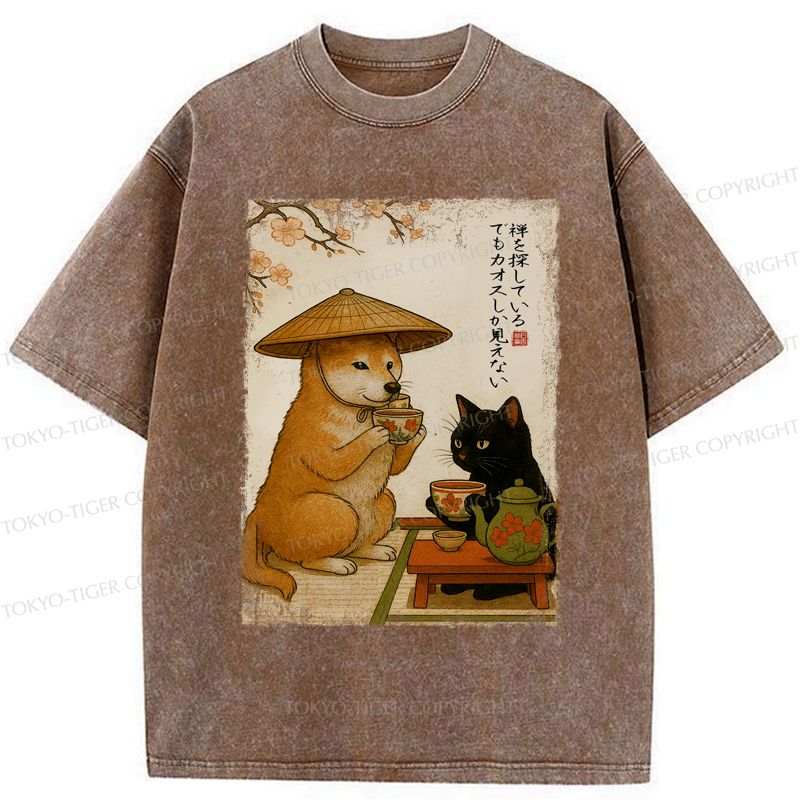 Kyoto-Lion Tea Time with Shiba Inu and Black Cat Washed T-Shirt