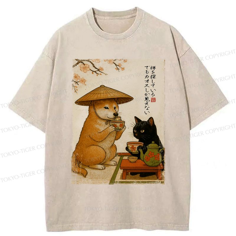 Kyoto-Lion Tea Time with Shiba Inu and Black Cat Washed T-Shirt