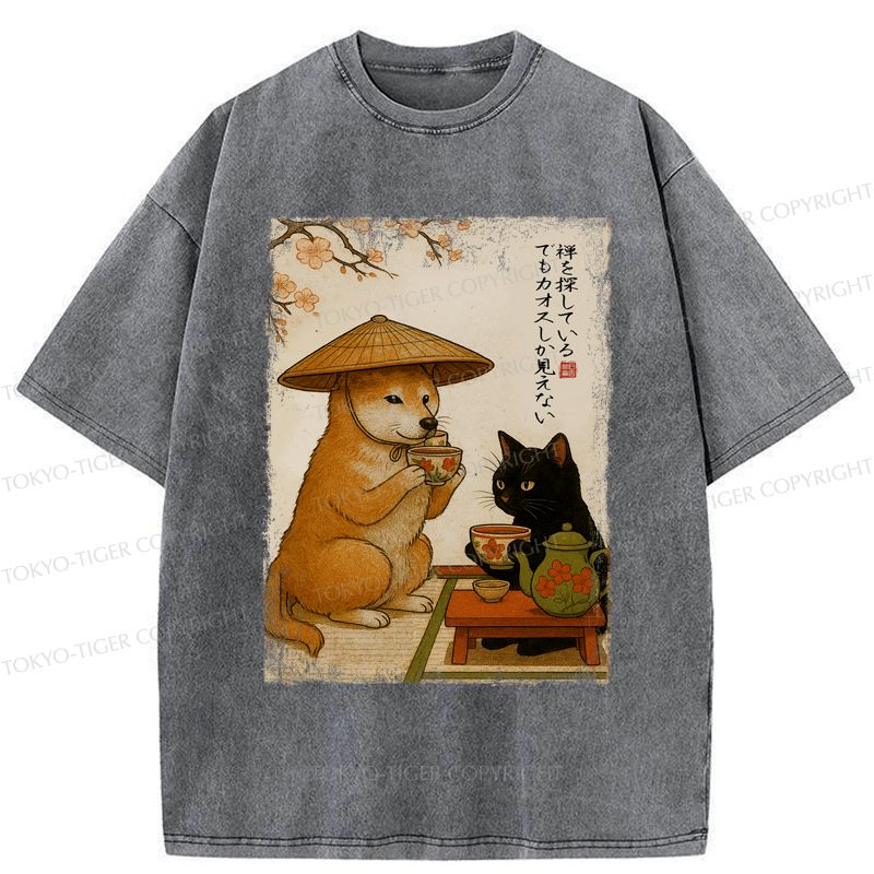 Kyoto-Lion Tea Time with Shiba Inu and Black Cat Washed T-Shirt
