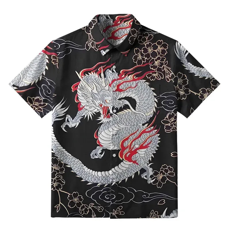 Kyoto-Lion Sakura And Dragon Button-up Shirt