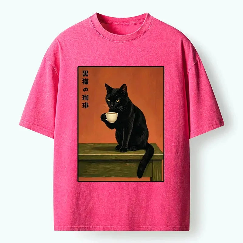Kyoto-Lion Retro Art Cat Sips Warm Coffee Washed T-Shirt