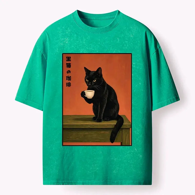 Kyoto-Lion Retro Art Cat Sips Warm Coffee Washed T-Shirt