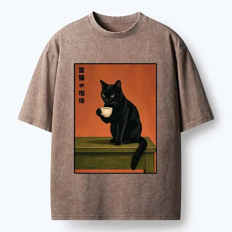 Kyoto-Lion Retro Art Cat Sips Warm Coffee Washed T-Shirt