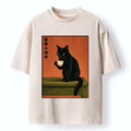 Kyoto-Lion Retro Art Cat Sips Warm Coffee Washed T-Shirt