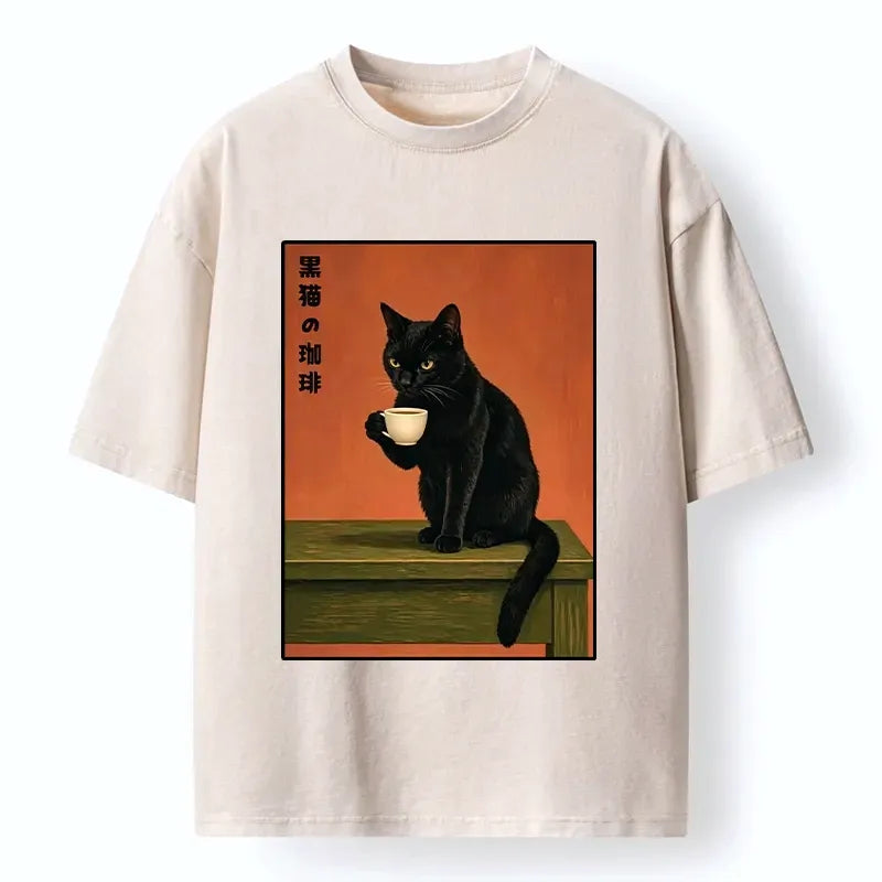 Kyoto-Lion Retro Art Cat Sips Warm Coffee Washed T-Shirt