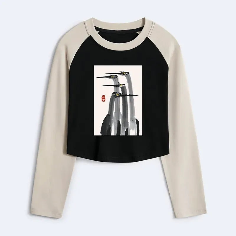 Japanese Crane Crop Raglan Shirt for Daily Wear