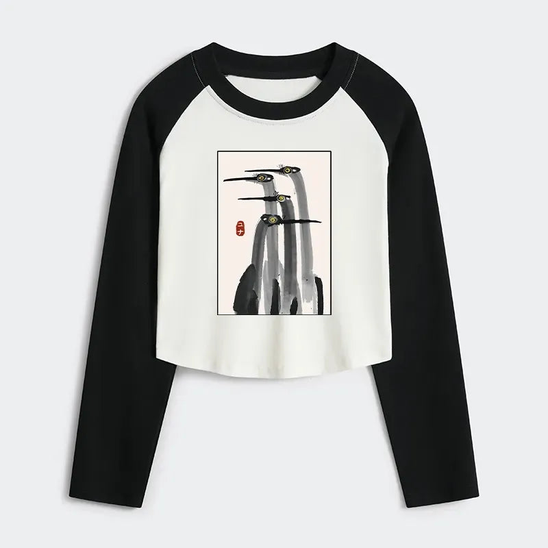 Japanese Crane Women's Crop Raglan T-Shirt