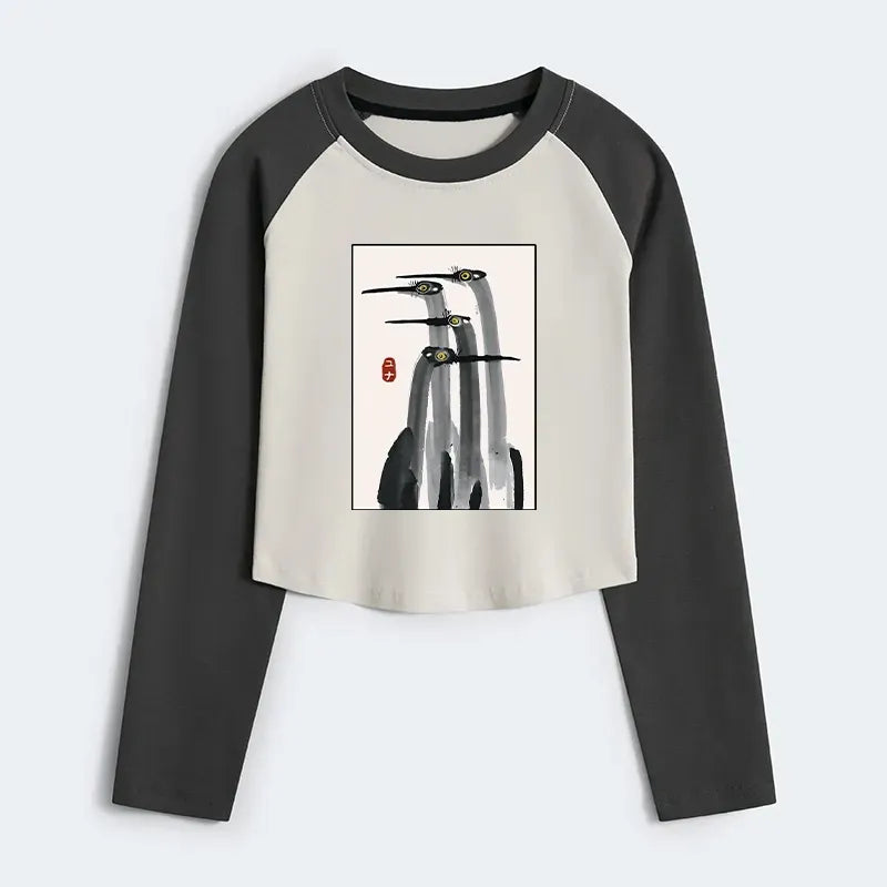 Japanese Crane Crop Raglan Shirt for Daily Wear