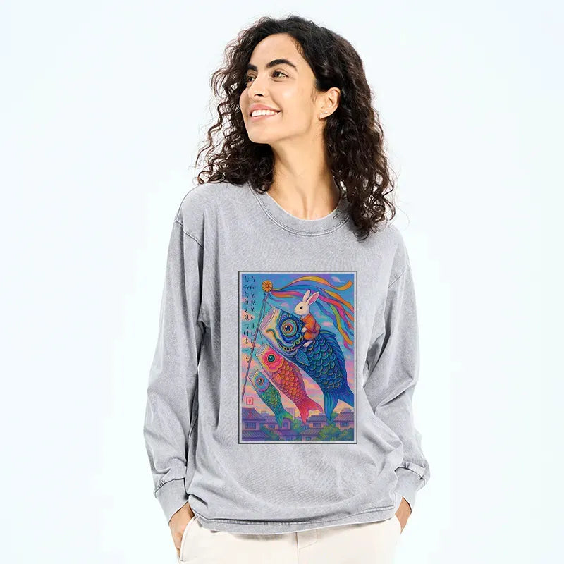 Washed Ukiyoe Carp Streamer Tee for Daily Wear