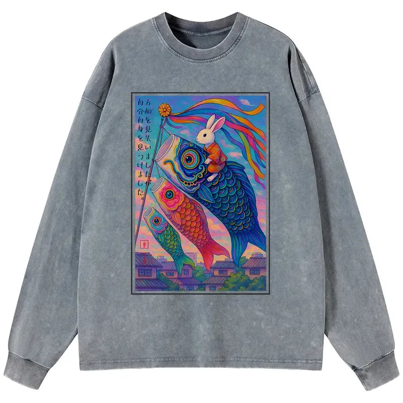 Washed Ukiyoe Carp Streamer Tee for Daily Wear