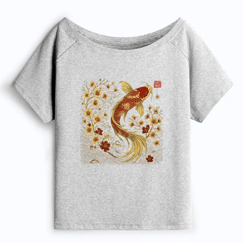 Kyoto-Lion Vintage Sakura And Koi Off Shoulder T-Shirt