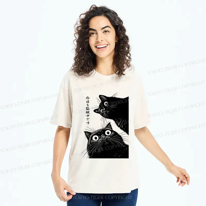 Japanese Cat Washed T-Shirt for Gift Idea