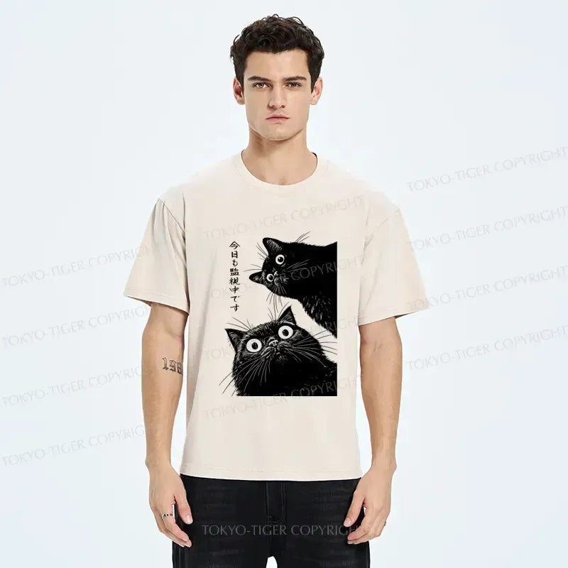 Japanese Cat Washed T-Shirt for Gift Idea