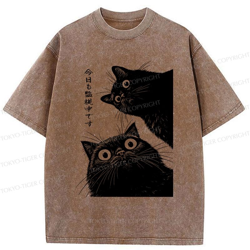 Vintage Kyoto Cat Watching T-Shirt for Streetwear