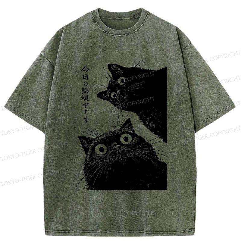 Unisex Washed T-Shirt with Japanese Cat Print