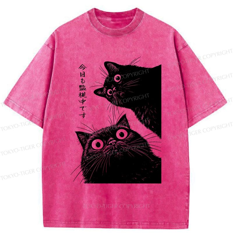 Unisex Washed T-Shirt with Japanese Cat Print