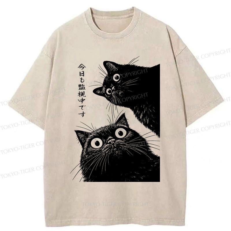 Japanese Cat Washed T-Shirt for Gift Idea