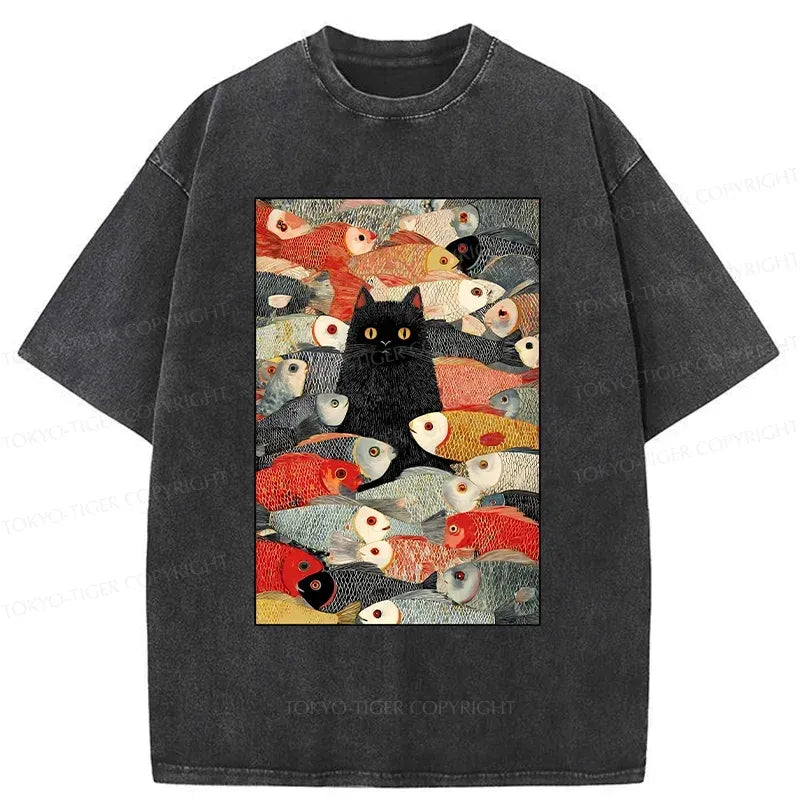 Kyoto-Lion Cats And Fish Washed T-Shirt