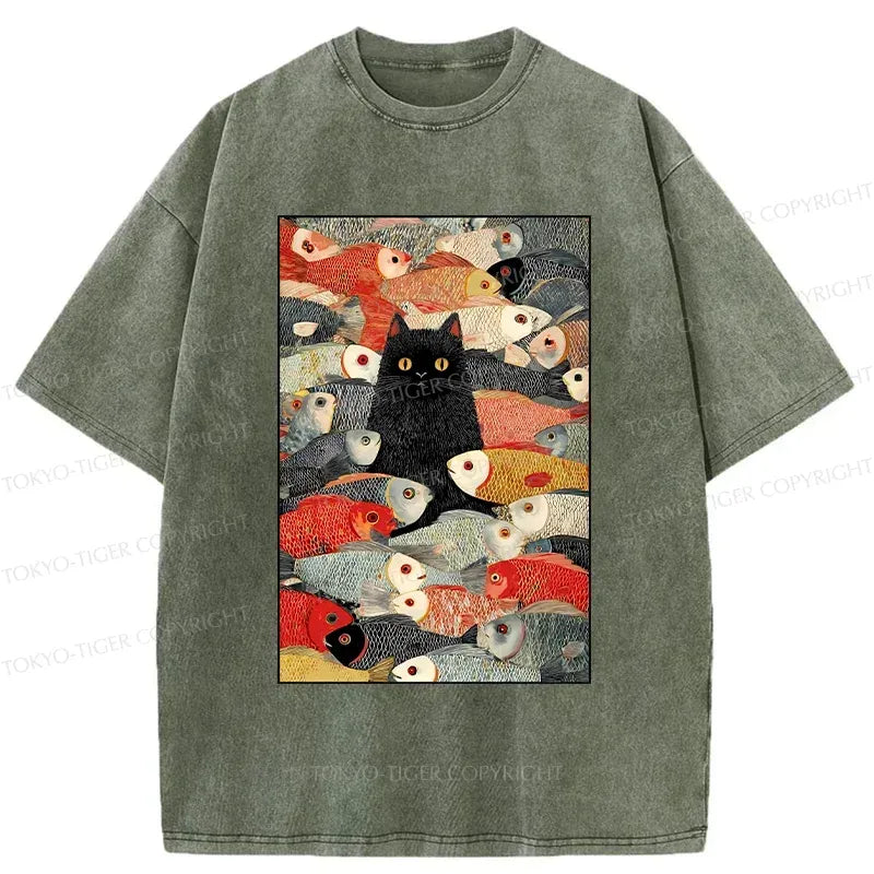 Japanese washed t-shirt with cat and fish design