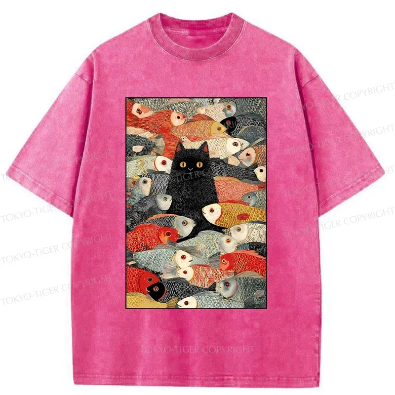 Kyoto-Lion Cats And Fish Washed T-Shirt