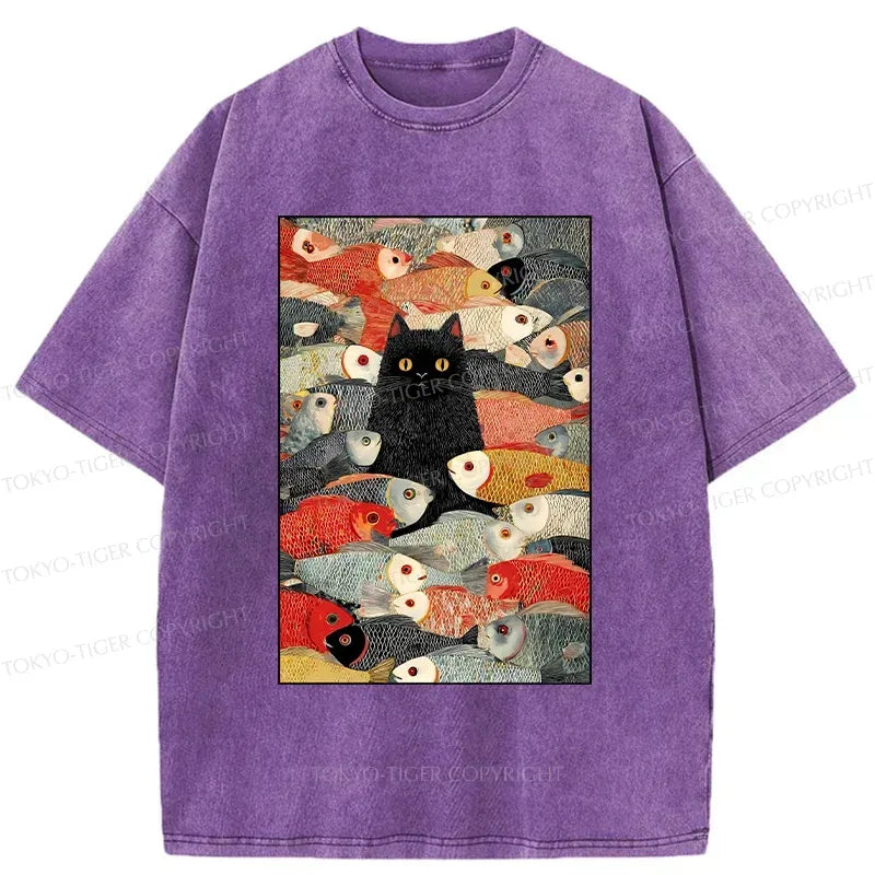 Kyoto-Lion Cats And Fish Washed T-Shirt