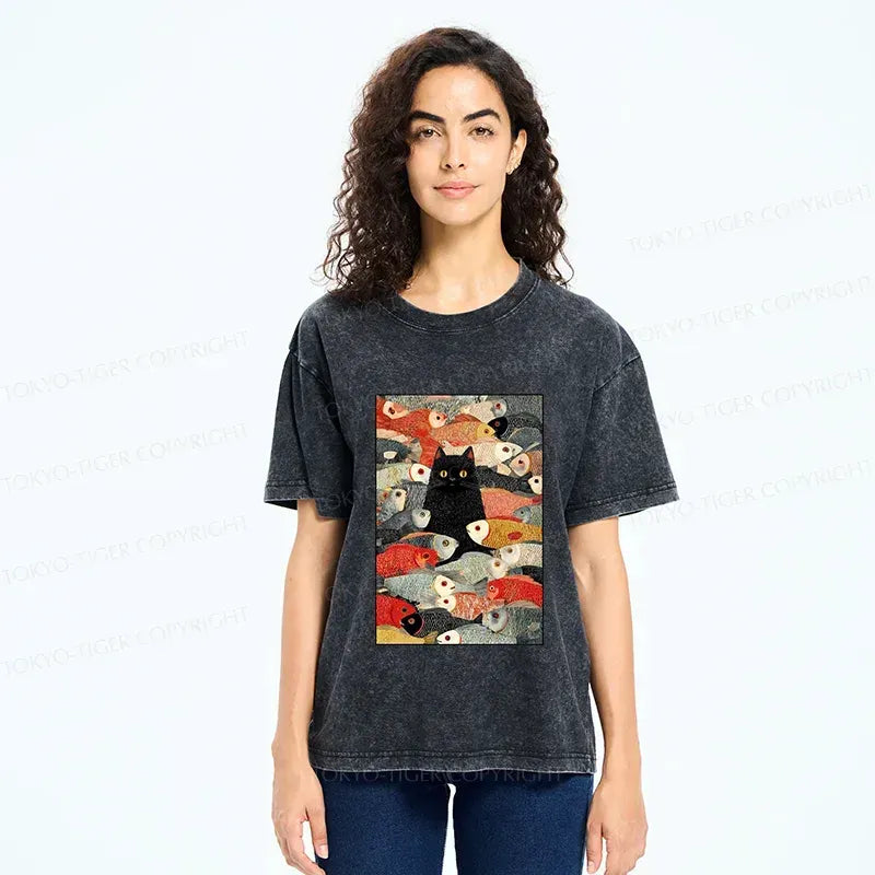 Japanese washed t-shirt with cat and fish design