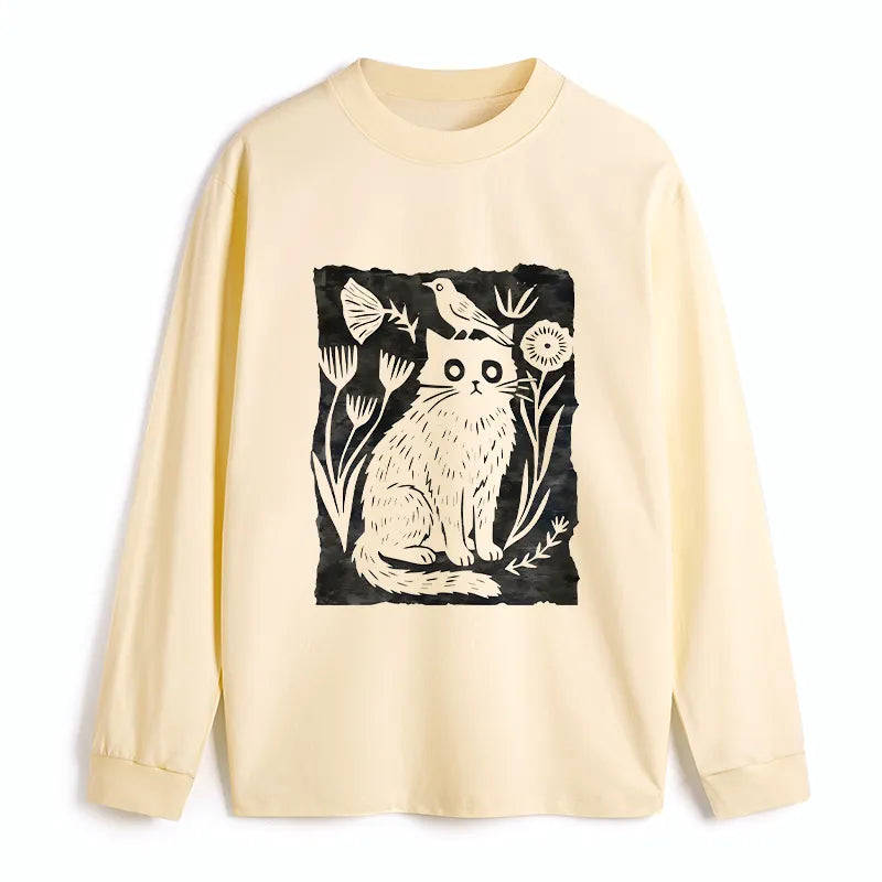 Kyoto-Lion Folk Paper Cut Cat Bird Floral Art Classic Long Sleeve T-Shirt