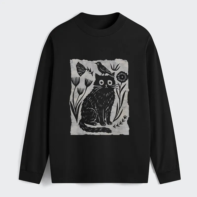 Kyoto-Lion Folk Paper Cut Cat Bird Floral Art Classic Long Sleeve T-Shirt