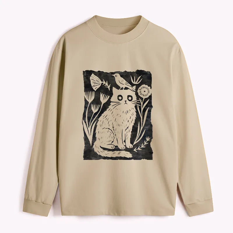 Kyoto-Lion Folk Paper Cut Cat Bird Floral Art Classic Long Sleeve T-Shirt