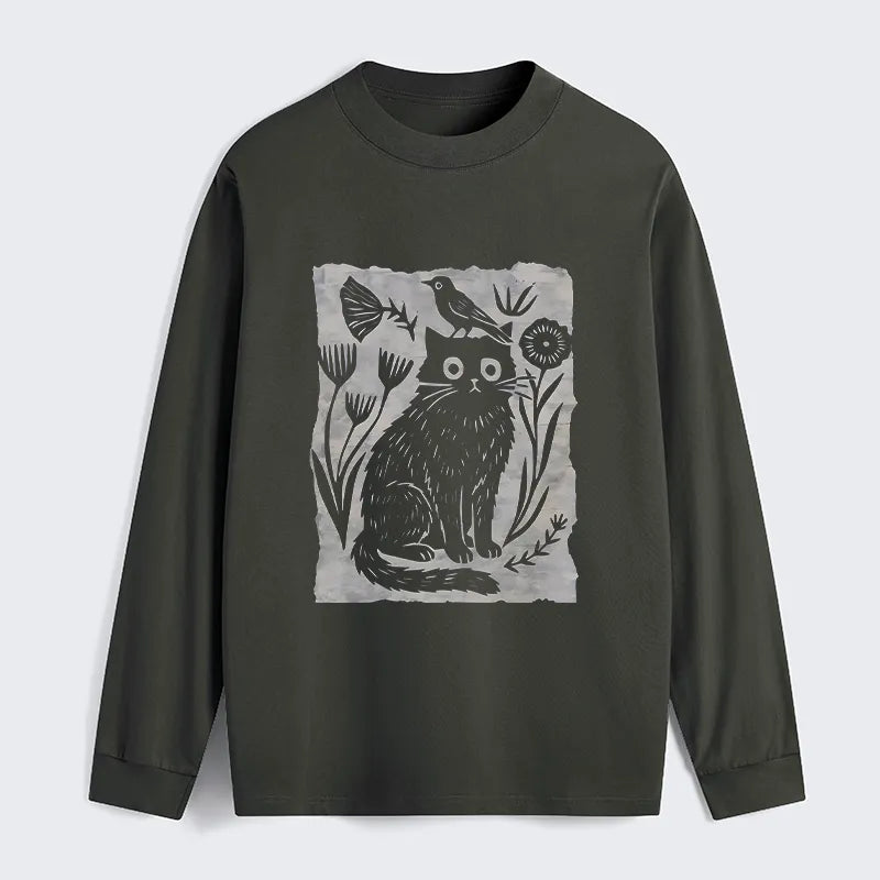 Kyoto-Lion Folk Paper Cut Cat Bird Floral Art Classic Long Sleeve T-Shirt
