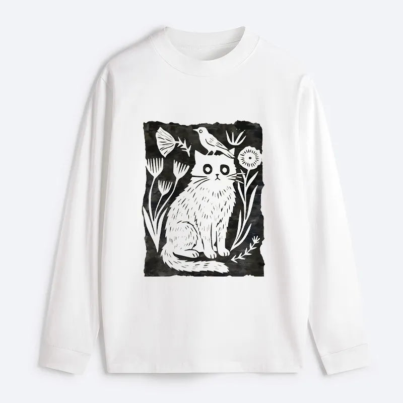Kyoto-Lion Folk Paper Cut Cat Bird Floral Art Classic Long Sleeve T-Shirt