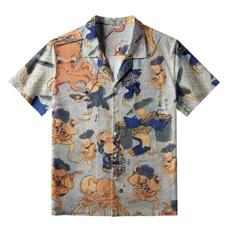 Ukiyo-e octopus Hawaiian shirt vintage style