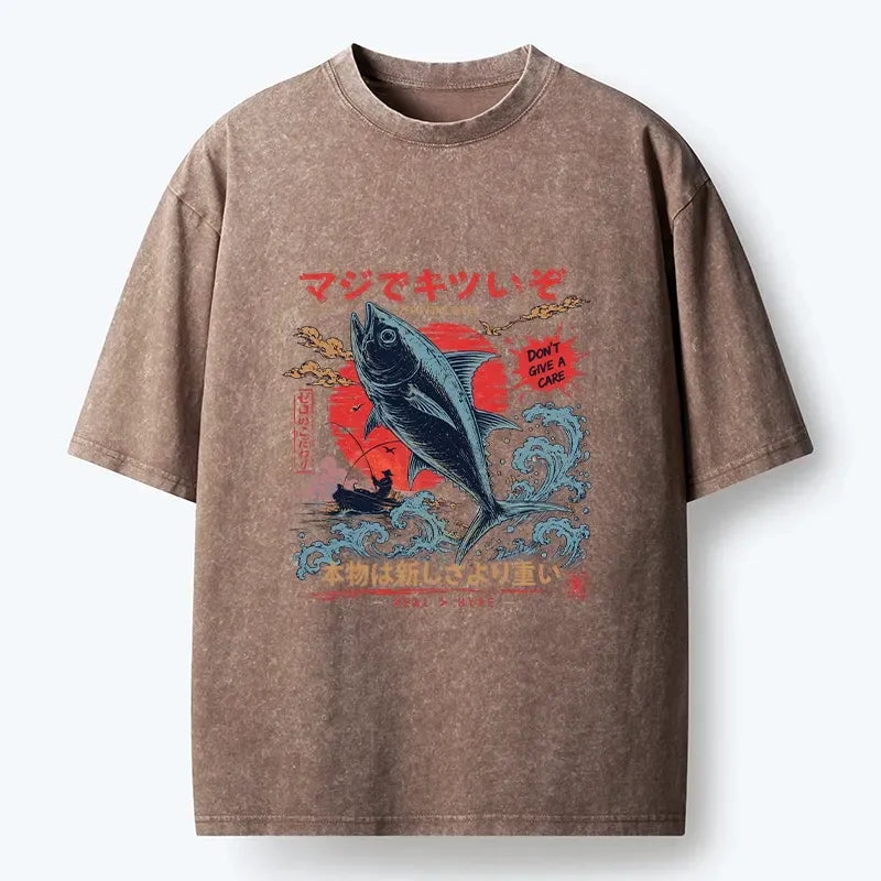 Kyoto-Lion Retro Japanese Wave Big Fish Washed T-Shirt