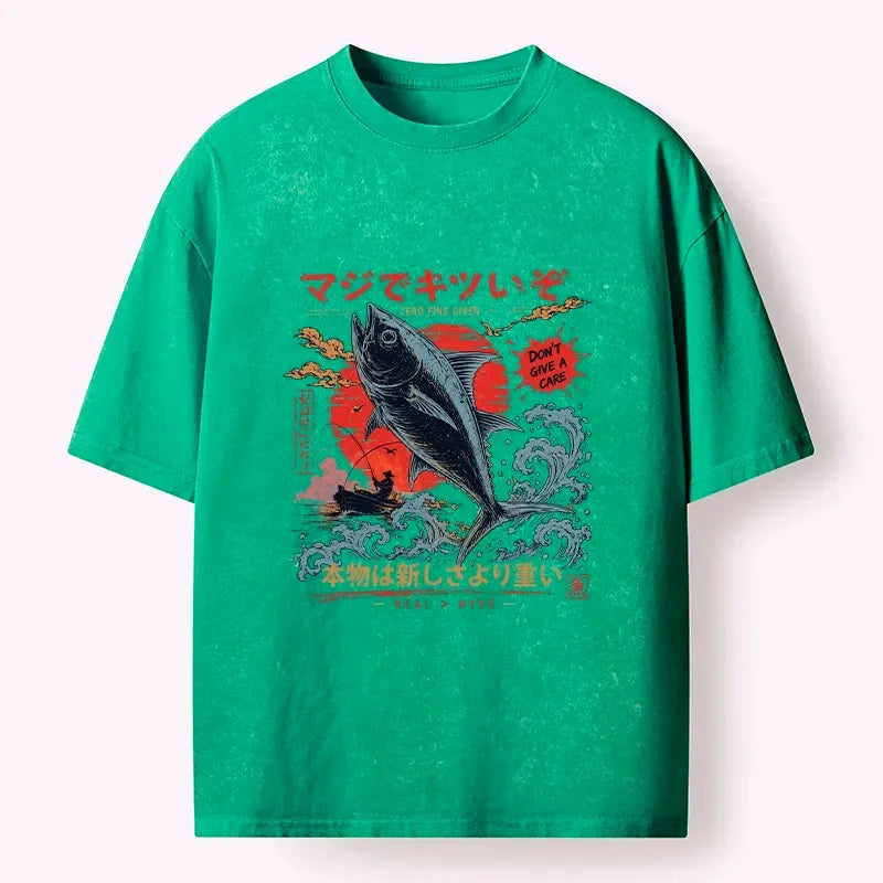 Kyoto-Lion Retro Japanese Wave Big Fish Washed T-Shirt