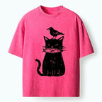 japanese black cat washed t-shirt for daily wear