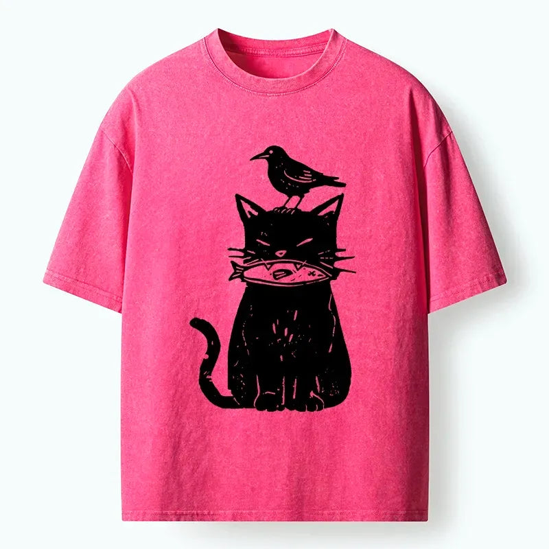 japanese black cat washed t-shirt for daily wear