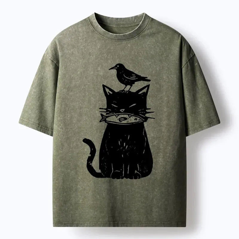 vintage japanese black cat t-shirt for streetwear