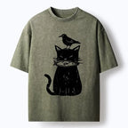 vintage japanese black cat t-shirt for streetwear
