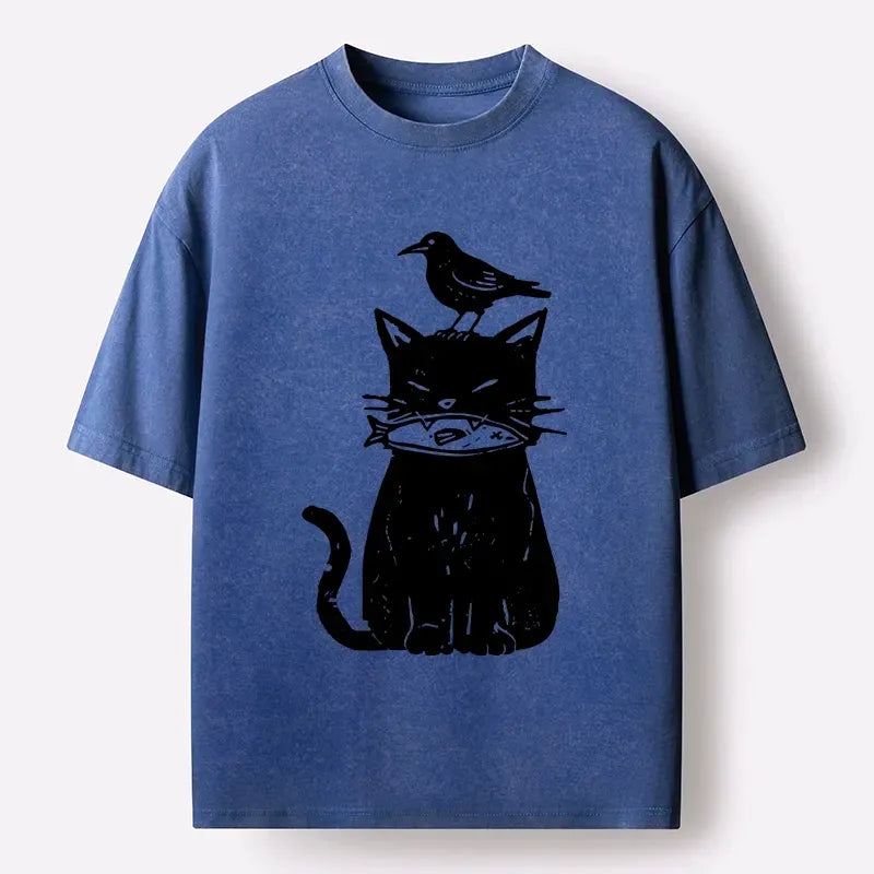 vintage japanese black cat t-shirt for streetwear