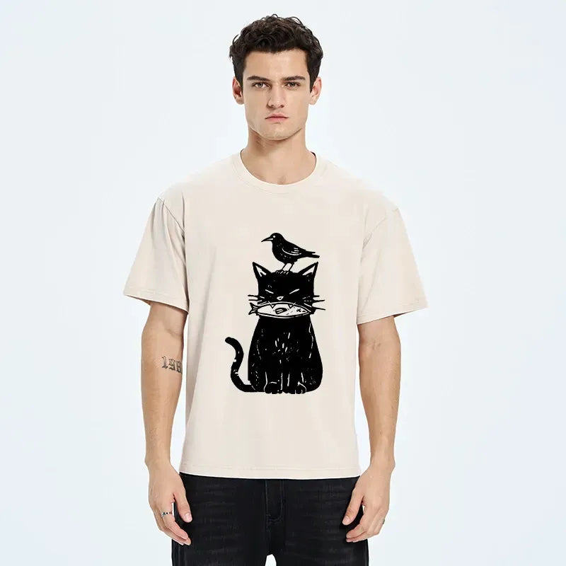 japanese black cat washed t-shirt for daily wear