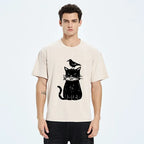 japanese black cat washed t-shirt for daily wear
