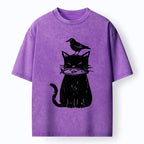 japanese black cat washed t-shirt for daily wear