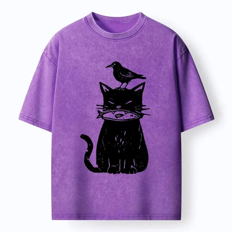 japanese black cat washed t-shirt for daily wear